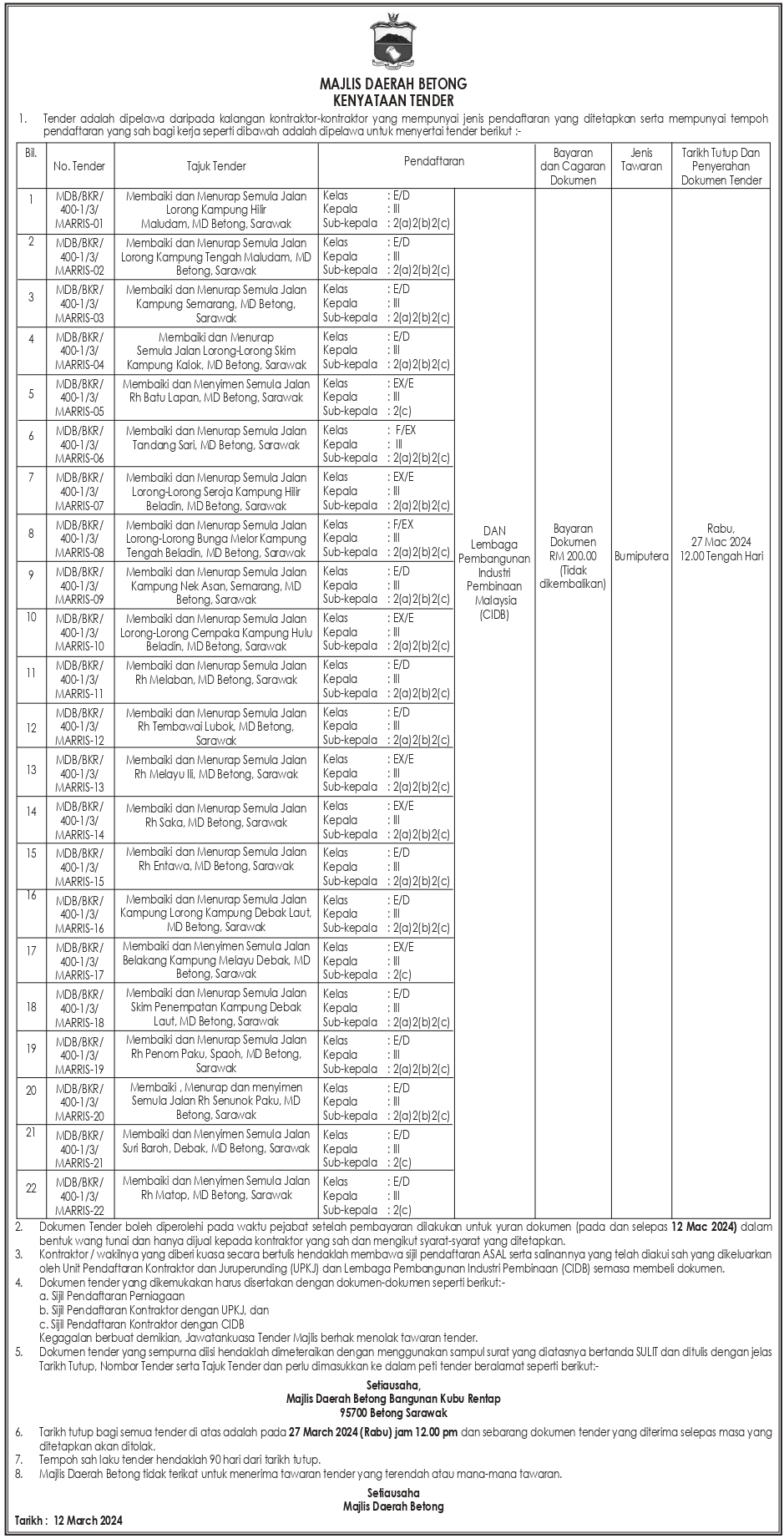 Tender 1/3 Kejuruteraan 2024