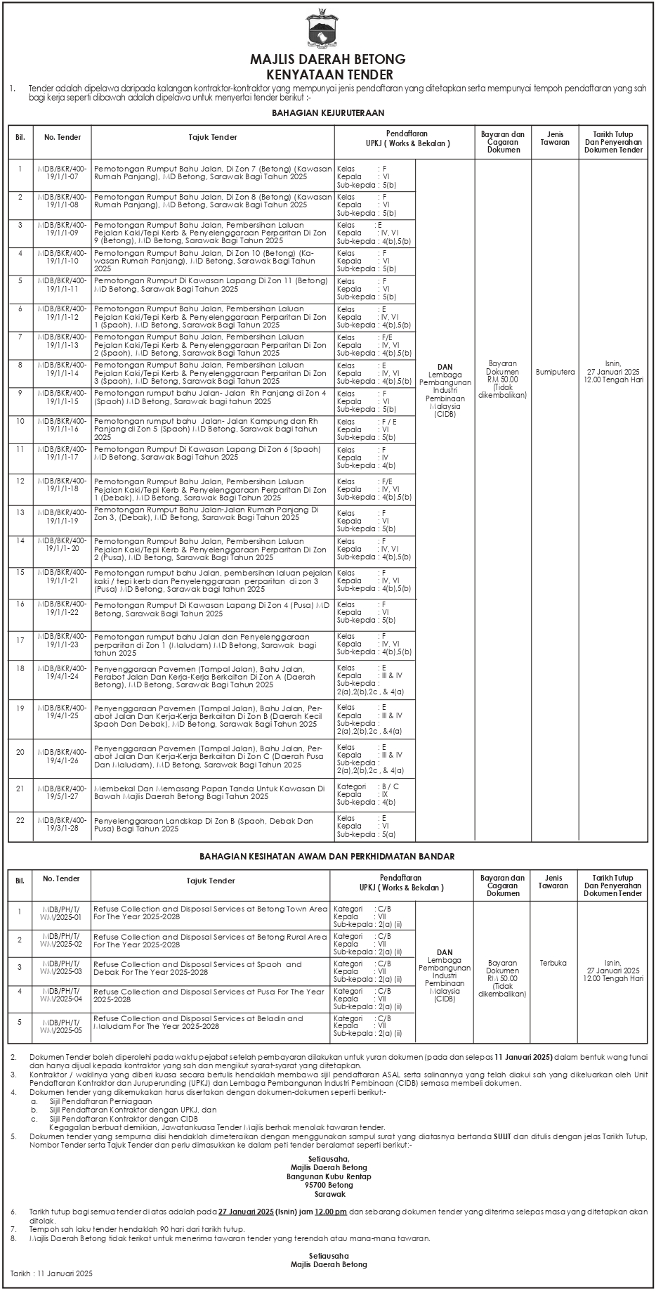 Kenyataan Tender PW JAN 2