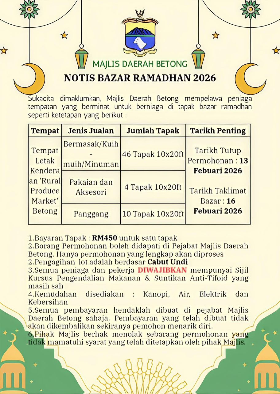 PEMAKLUMAN TAPAK JUALAN BAZAR RAMADAN BETONG 2026