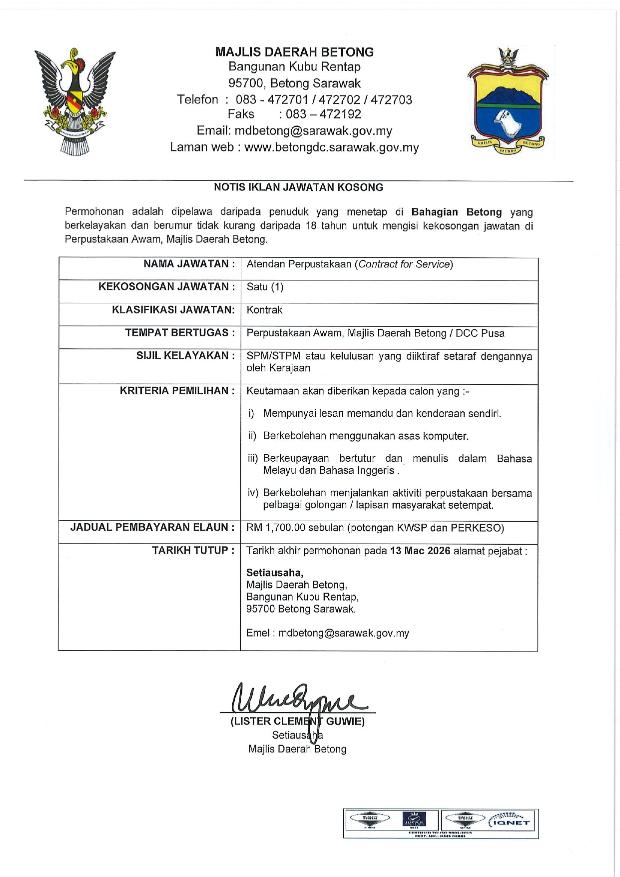 IKLAN JAWATAN KOSONG - ATENDEN PERPUSTAKAAN MD BETONG 2026